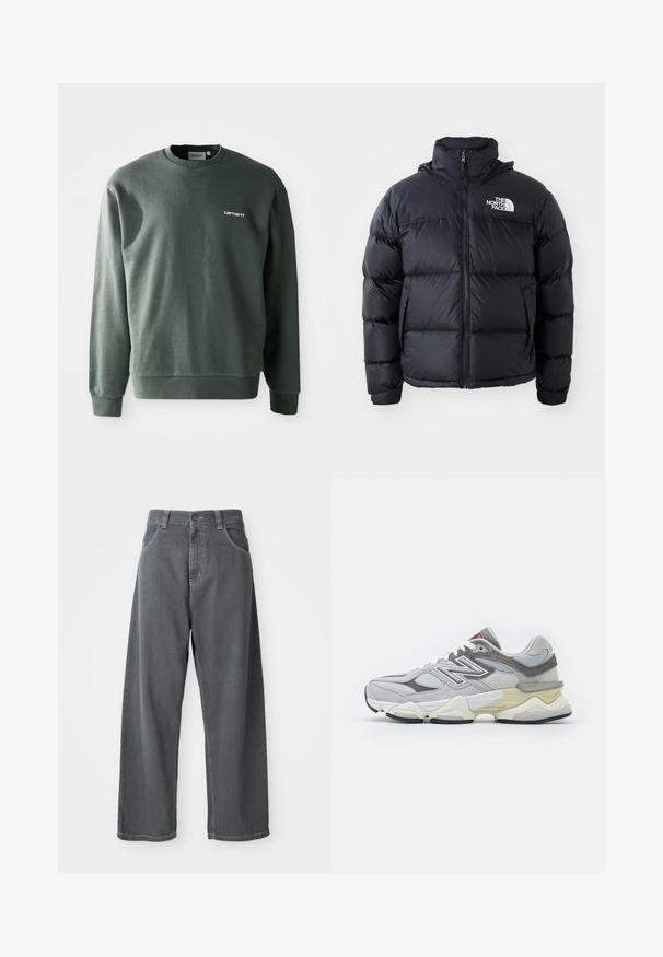 Sort dunjakke med lynlås, polstrede sektioner, høj krave og The North Face-logo på øverste venstre side. Glat tekstur, ingen synlige mønstre.; Mørkegrønt sweatshirt lavet af bomuldsblanding, med rund halsudskæring, ribbede manchetter og et lille hvidt logo på venstre bryst.; Grå denim brede bukser med høj talje, der har forlommer, bæltesløjfer og en knappelukning i taljen.; Grå ruskind og mesh sneakers med en tykk hvid og beige sål, der har et fremtrædende hvidt logo og røde accentdetaljer.