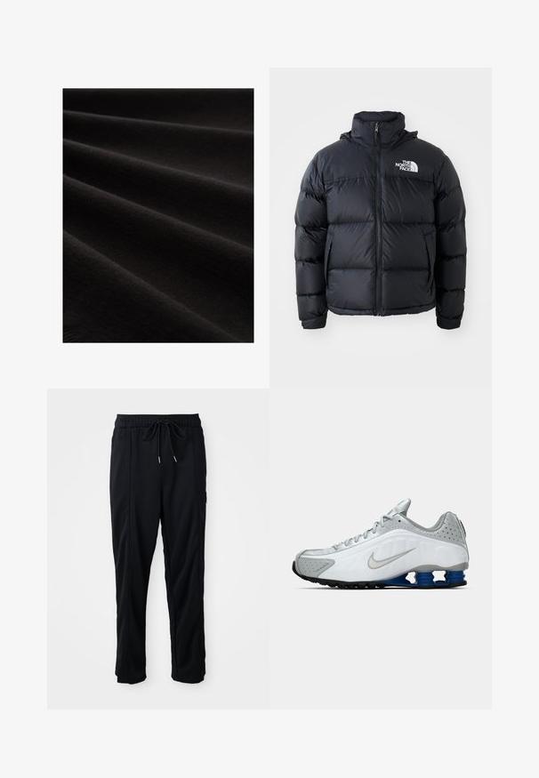 Doudoune noire avec fermeture éclair, sections rembourrées, col montant et logo The North Face en haut à gauche. Texture lisse, sans motifs visibles.; Tissu noir à la texture lisse, présenté en plis, affichant un léger éclat et un motif à maille fine, soulignant son aspect doux.; Pantalons décontractés noirs à taille à cordon de serrage avec poches latérales et coupe droite sur fond uni.; Baskets de course Nike blanches et grises avec un swoosh argenté, des semelles en forme de ressort bleues et une semelle noire sur fond uni.