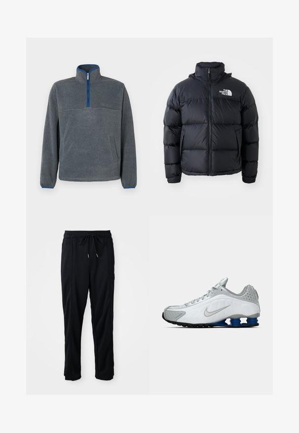 Jachetă puf neagră cu închidere prin fermoar, porțiuni umplute, guler înalt și logo-ul The North Face în partea stângă sus. Textură netedă, fără modele vizibile.; Pulover gri din fleece cu guler cu jumătate de fermoar, accente albastre la fermoar și manșete, și o buzunar frontal. Textură moale, croială relaxată.; Pantaloni casual negri cu șnur la talie, cu buzunare laterale și croială dreaptă, pe un fundal simplu.; Pantoflă de alergare Nike albă și gri, cu swoosh argintiu, unități de talpă de tip arc albastru și apăsare neagră, pe un fundal simplu.