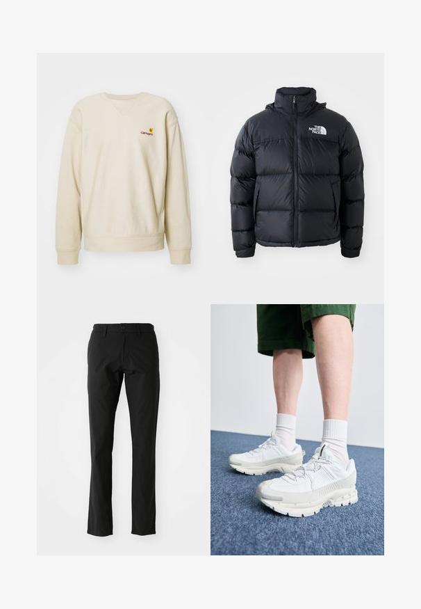 Black puffer jacket with zip closure, padded sections, high collar, and The North Face logo on the upper left. Smooth texture, no visible patterns.; Beige sweatshirt with a round neckline and raglan sleeves. Features a small embroidered logo on the left chest. Soft, textured fabric.; Black trousers made of lightweight fabric, featuring a straight leg design, front button closure, and side pockets. Smooth texture.; White athletic shoes with textured overlays, a chunky sole, and gray accents. Worn with white crew socks and green shorts on a blue surface.