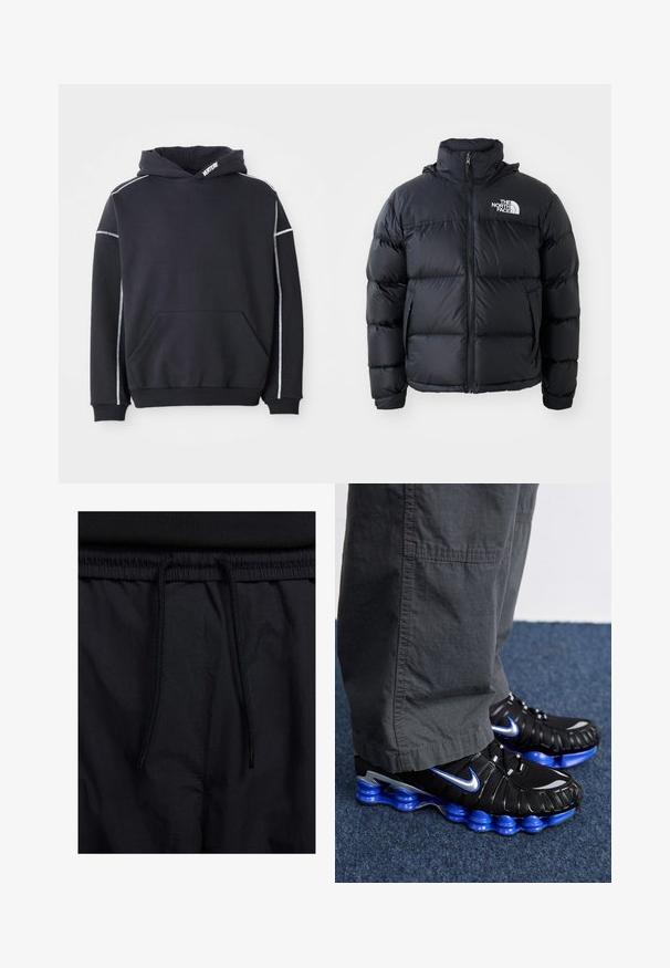 Svart pufferjakke med glidelås, polstrede seksjoner, høy krage og The North Face-logo på øvre venstre side. Glatt tekstur, uten synlige mønstre.; Svart hettegenser laget av svette stoff med en frontlomme, har reflekterende hvite sømmer langs ermene og hetta.; Hvit bomull t-skjorte med korte ermer og rund hals; har en liten svart rektangulær Nike Air-logo på venstre bryst.; Sorte shorts med snor i livet, lett stoff med en jevn tekstur, og et enkelt design uten synlige logoer eller mønstre.; Svarte athletic sko med blå og sølv aksenter, med en teksturert overdel, dristig såledesign og snøringssystem. Plassert på et blått teppe.