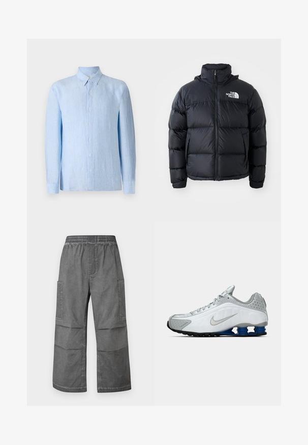 Czarna kurtka puchowa z zamkiem błyskawicznym, wypełnionymi sekcjami, wysokim kołnierzem i logo The North Face na górze po lewej stronie. Gładka faktura, bez widocznych wzorów.; Jasnoniebieska, długosleeve, zapinana na guziki koszula wykonana z teksturowanej tkaniny. Posiada klasyczny kołnierz i zapięcie na guziki z przodu.; Szare spodnie cargo z elastycznym paskiem w talii, dwoma bocznymi kieszeniami i luźnym krojem nogawek. Materiał ma fakturę o zmiętej powierzchni.; Białe i szare buty do biegania Nike z srebrnym logo, niebieskimi, sprężynowymi podeszwami oraz czarnym bieżnikiem na jednolitym tle.