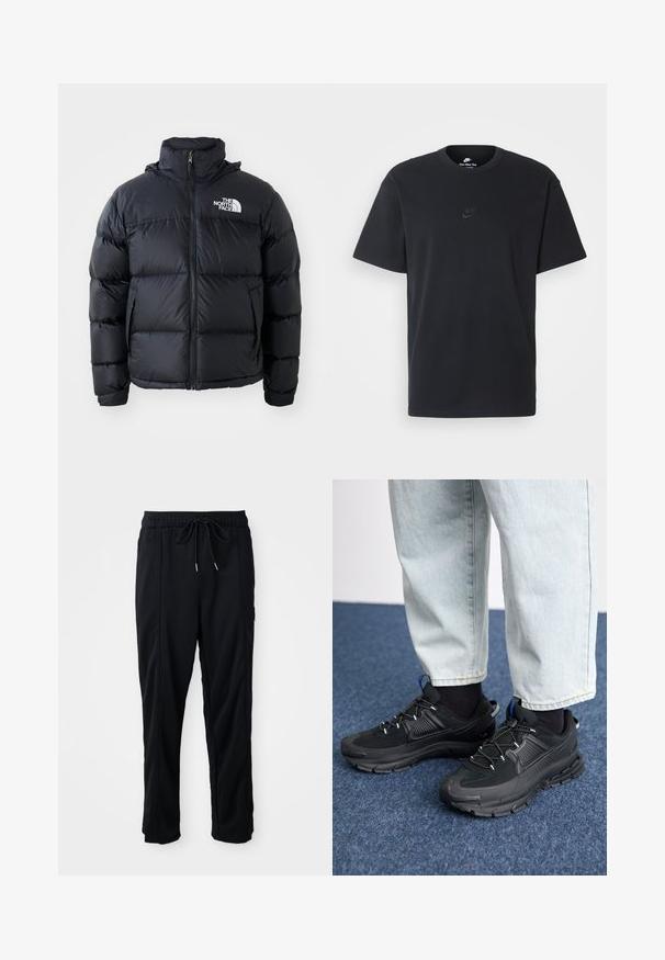Must must vest, millettajaga, polsterdatud osadega, kõrge kraega ja The North Face logo vasakul ülaosas. Sile tekstuur, ilma nähtavate mustriteta.; Nike musta mustast puuvillast T-särk klassikalise ümmarguse kaelusega, lühikeste varrukatega ja õrna, reljeefse logoga rinnal. Sile tekstuur.; Mustad nööridega vööga igapäevased mustad püksid, külgseamipocketid ja sirge sääre lõikega, ühtlasel taustal.; Mustad mustad jooksukingad, millel on tekstureeritud kangas ja kummist tallad, elastsed nöörid ning sinine aksent kandadel. Kandmine heledate teksadega.