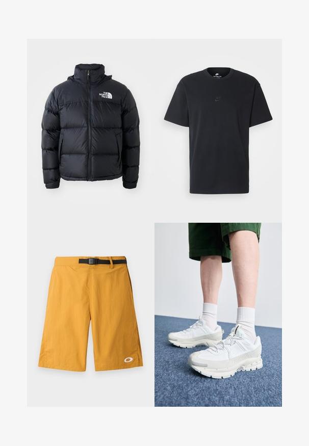Doudoune noire avec fermeture éclair, sections rembourrées, col montant et logo The North Face en haut à gauche. Texture lisse, sans motifs visibles.; T-shirt en coton noir Nike avec un col rond classique, des manches courtes et un logo embossé subtil sur la poitrine. Texture lisse.; Shorts en tissu jaune avec une ceinture noire ajustable, longueur genou, texture lisse, présentant un accent logo blanc sur la jambe inférieure gauche.; Des chaussures de sport blanches avec des superpositions texturées, une semelle épaisse et des accents gris. Portées avec des chaussettes blanches et des shorts verts sur une surface bleue.