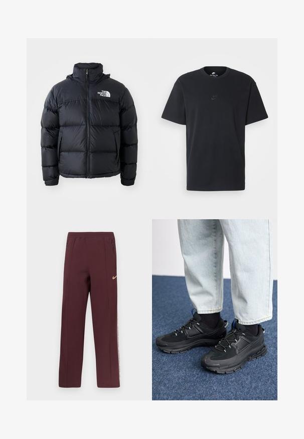 Čierna prešívaná bunda s uzáverom na zips, vypchanými časťami, vysokým golierom a logom The North Face na ľavom hornom rohu. Hladká textúra, bez viditeľných vzorov.; Čierne bavlnené tričko Nike s klasickým okrúhlym výstrihom, krátkymi rukávmi a jemne embosovaným logom na hrudi. Hladká textúra.; Bordové tepláky s hladkou textúrou, bočnými zipsovými vreckami a bielym pruhom so textom pozdĺž vonkajších švov. Logo Nike v zlatej farbe.; Čierne športové topánky s textúrovanou tkaninou a gumovou podrážkou, so elastickými šnúrkami a modrým akcentom na päte. Nosia sa s svetlými riflami.