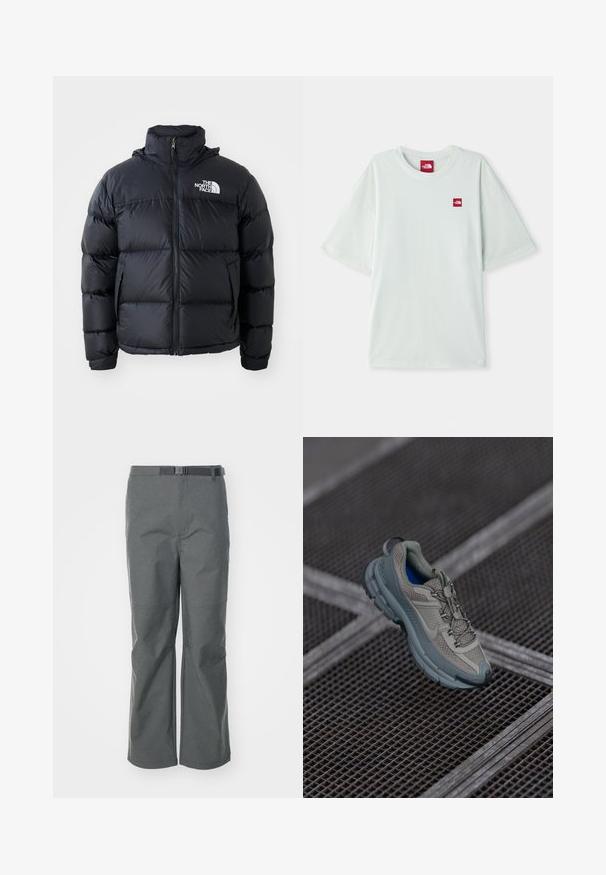 Čierna prešívaná bunda s uzáverom na zips, vypchanými časťami, vysokým golierom a logom The North Face na ľavom hornom rohu. Hladká textúra, bez viditeľných vzorov.; Svetlozelené tričko s krátkymi rukávmi vyrobené z mäkkého bavlneného materiálu, so malou červenou logovou nášivkou na ľavej strane hrude. Vo voľnom strihu a s okrúhlym výstrihom.; Šedé vonkajšie nohavice vyrobené z odolnej tkaniny, s rovnými nohavicami, nastaviteľným opaskom a švovými detailmi pre zvýraznenie štruktúry.; Béžová a šedá športová obuv s textúrovaným sieťovaným zvrškom, okrúhlou špičkou a gumovou podrážkou, vybavená šnúrkami a polstrovaným golierom.