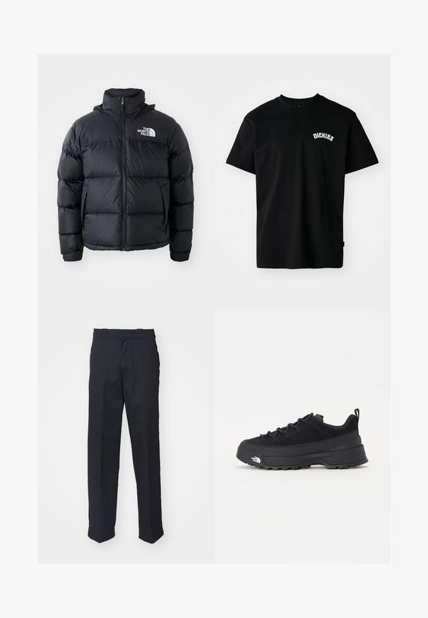 Casaco puffer preto com fecho de correr, secções acolchoadas, gola alta e o logótipo da The North Face no canto superior esquerdo. Textura suave, sem padrões visíveis.; T-shirt de algodão preta com mangas curtas e decote redondo. Apresenta um logótipo curvo em branco "DICKIES" no peito. Design simples, sem padrões.; Calças pretas sob medida com corte reto, feitas de um tecido suave, apresentando uma cintura com passantes e sem padrões ou acessórios visíveis.; Sapatilha de exterior preta com parte superior em camurça, sola de borracha texturizada e sistema de atacadores robusto. Apresenta um calcanhar reforçado e o logótipo da marca na lateral.