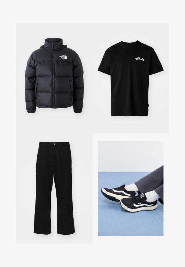 Zwarte pufferjack met ritssluiting, gewatteerde secties, hoge kraag en het North Face-logo op de bovenste linkerzijde. Gladde textuur, geen zichtbare patronen.; Zwarte katoenen T-shirt met korte mouwen en een ronde hals. Heeft een witte gebogen logo "DICKIES" op de borst. Eenvoudig ontwerp, geen patronen.; Zwarte wijde broek gemaakt van een katoenmix, met een knoopsluiting en een recht model met minimaal zichtbare stiksels.; Zwarte sneakers met witte accenten, gemaakt van mesh en rubber, met een gestructureerde zool en hiel lip. Draagt met witte sokken en grijze broek.
