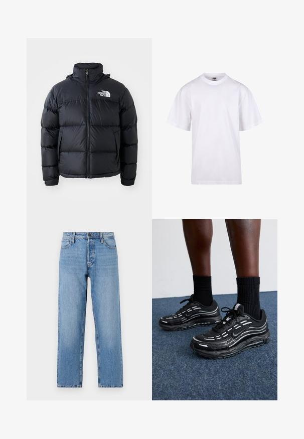 Melna pūkaina jaka ar rāvējslēdzēju, iešūtiem posmiem, augstu apkakli un The North Face logotipu kreisajā augšējā stūrī. Gluda tekstūra, bez redzamām rakstu zīmēm.; Balts kokvilnas T-krekls ar apaļu kakla izgriezumu, īsām piedurknēm un brīvu piegriezumu. Tam ir vienkāršs dizains bez rakstiem vai akcentiem.; Gai zilu džinsi ar taisnu kāju dizainu, ar pogu un rāvējslēdzēju, piecu kabatu stilā un vieglu nolietojumu.; Melni Nike apavi ar sietveida augšdaļu, akcentējošām svītrām, teksturētām šņorēm un melnu gumijas zoli. Valkāti ar melniem ribota auduma zeķēm.