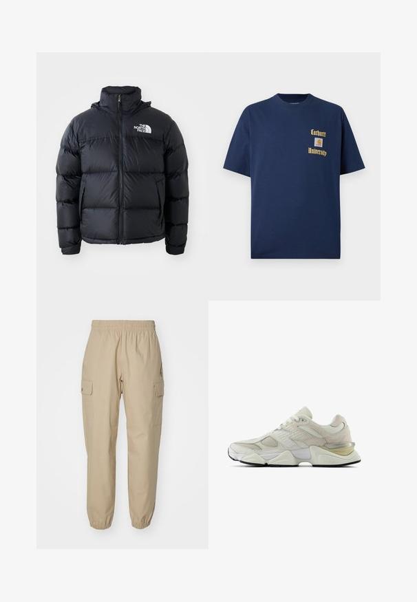 Schwarze Pufferjacke mit Reißverschluss, gepolsterten Abschnitten, hohem Kragen und dem The North Face-Logo in der oberen linken Ecke. Glatte Textur, keine sichtbaren Muster.; Marineblaue Baumwoll-T-Shirt mit kurzen Ärmeln, mit goldener Schrift "Carhartt University" und einem Logo-Patch auf der linken Brust.; Beige Cargo-Hosen mit einem elastischen Bund, schmal zulaufenden Beinen und seitlichen Taschen. Glattes Gewebe mit einer leicht strukturierten Textur.; Weißer Sneaker mit Obermaterial aus Mesh und Wildleder, runder Zehenpartie und gepolstertem Kragen. Verfügt über reflektierende Akzente und eine dicke, strukturierte Sohle.