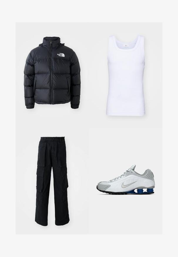 Juodas pūkinis švarkas su užtrauktuku, pagalvotomis dalimis, aukšta apykakle ir "The North Face" logotipu viršutiniame kairiajame kampe. Lygus paviršius, be matomų raštų.; Balti medvilninė be rankovių marškinėliai su apvaliu iškirpimu, pasižymintys lygiu tekstūru ir prigludusia forma, skirti kasdieniam dėvėjimui.; Juodi plačių kojų kargo šortai su elastingu juosmeniu, mygtuko uždarymas, didelės priekinės ir šoninės kišenės, pristatyta ant baltos fono.; Balti ir pilki Nike bėgimo batai su sidabriniu šaukiu, mėlynu spyruoklinio tipo pado vienetu ir juodomis padangomis ant vientiso fono.