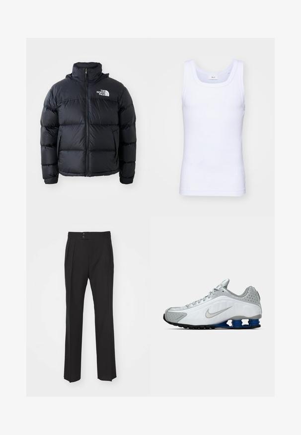 Doudoune noire avec fermeture éclair, sections rembourrées, col montant et logo The North Face en haut à gauche. Texture lisse, sans motifs visibles.; Débardeur sans manches en coton blanc avec un col rond, présentant une texture lisse et une coupe ajustée, conçu pour un usage décontracté.; Pantalons noirs ajustés avec une coupe droite, deux poches avant et une fermeture à double bouton à la taille. Tissu au toucher lisse.; Baskets de course Nike blanches et grises avec un swoosh argenté, des semelles en forme de ressort bleues et une semelle noire sur fond uni.