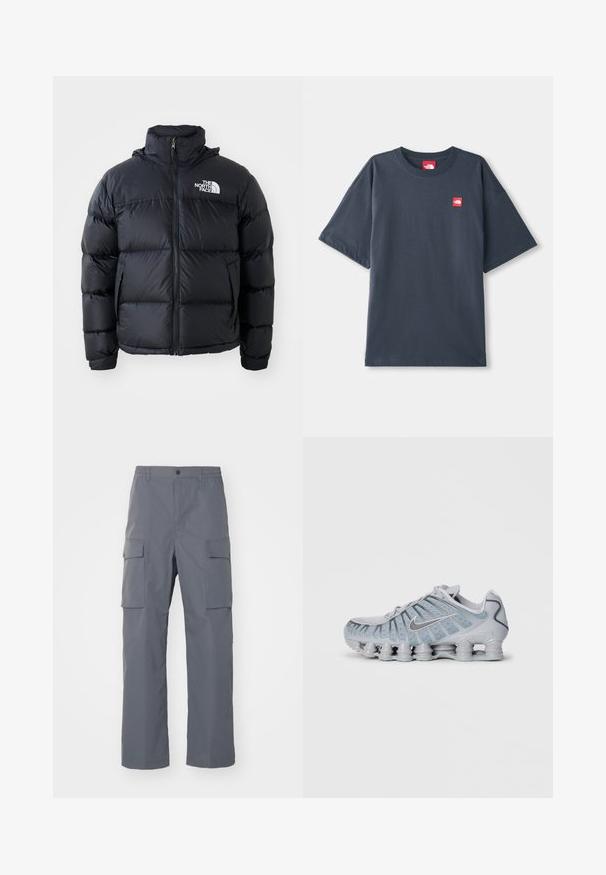 Svart pufferjakke med glidelås, polstrede seksjoner, høy krage og The North Face-logo på øvre venstre side. Glatt tekstur, uten synlige mønstre.; Mørk marineblå t-skjorte med kort erm laget av bomull, med et rødt logo-patch på venstre bryst og en klassisk rund hals.; Grå cargo bukser laget av slitesterk stoff. Funksjoner inkluderer en elastisk midje, to store sidelommer og rett benkutt.; Lys grå Nike-sneakers med en teksturert overdel, mesh-detaljer og en unik polstret såle med flere avrundede podder.