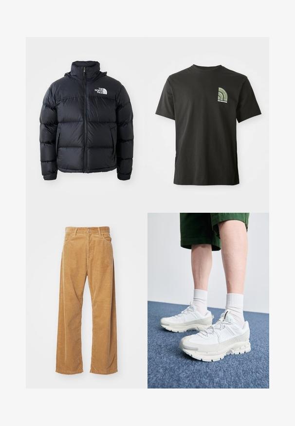 Czarna kurtka puchowa z zamkiem błyskawicznym, wypełnionymi sekcjami, wysokim kołnierzem i logo The North Face na górze po lewej stronie. Gładka faktura, bez widocznych wzorów.; Czarny t-shirt z krótkim rękawem i okrągłym dekoltem z małym zielono-białym logo w kształcie ćwiartki koła oraz napisem "The North Face" na lewej piersi.; Spodnie z szerokimi nogawkami z kordurowego materiału w kolorze tan. Cechują się teksturowanymi, pionowymi prążkami, standardowym pasem i dwiema przednimi kieszeniami.; Białe buty sportowe z teksturowanymi nakładkami, masywną podeszwą i szarymi akcentami. Nosi się je z białymi skarpetami do kostek i zielonymi szortami na niebieskiej powierzchni.
