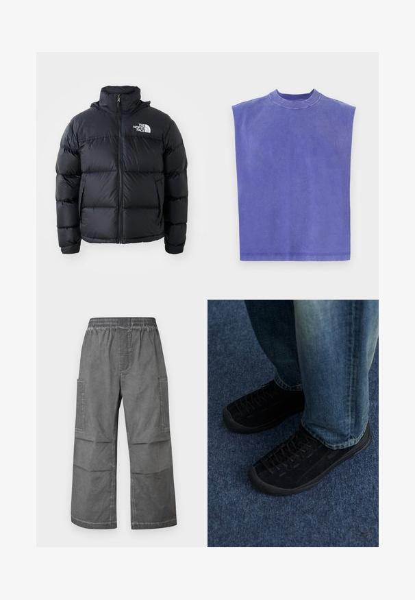 Black puffer jacket with zip closure, padded sections, high collar, and The North Face logo on the upper left. Smooth texture, no visible patterns.; Purple sleeveless top made of soft cotton. Features a round neck and a relaxed fit, with a slightly faded texture and clean hem.; Gray cargo pants with an elastic waistband, two side pockets, and a relaxed wide-leg design. Fabric has a textured, wrinkled appearance.; Black suede sneakers with textured surface, subtle lacing, and durable rubber soles, paired with blue denim jeans.