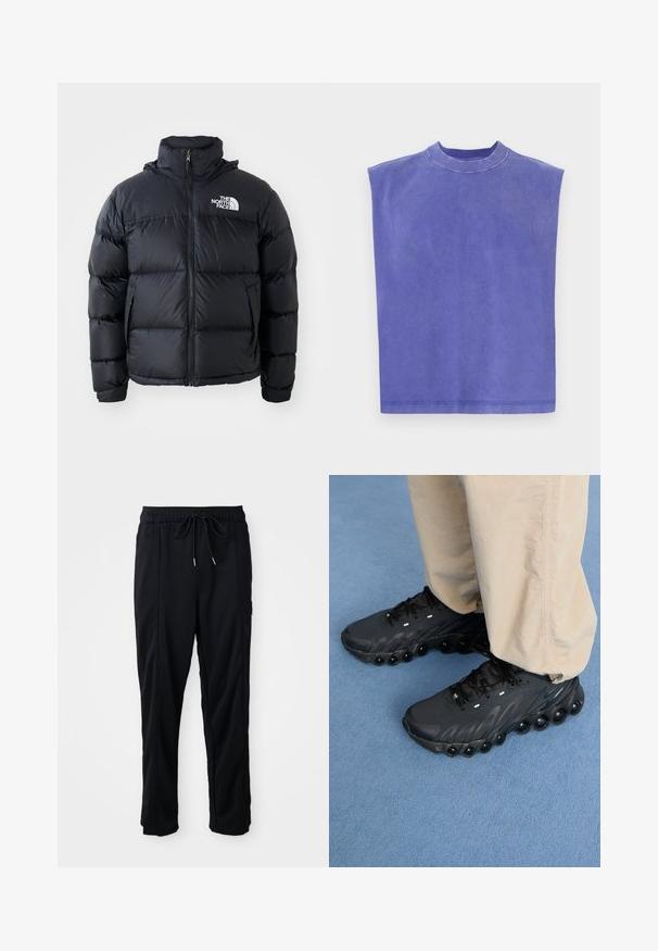Fekete pufi dzseki cipzárral, párnázott részekkel, magas gallérral és a The North Face logóval a bal felső részen. Sima textúra, látható minták nélkül.; Lila ujjatlan felső, puha pamutból készült. Kerek nyakú és laza szabású, enyhén kopott textúrával és tiszta hemzsével rendelkezik.; Fekete húzózsinóros, kényelmes nadrág oldalsó varrású zsebekkel és egyenes szabással, egyszínű háttéren.; Fekete sportcipők texturált felsőrésszel, ívelt talppal és jellegzetes légpárnákkal az alján. Fűzővel és fényvisszaverő elemekkel rendelkezik.
