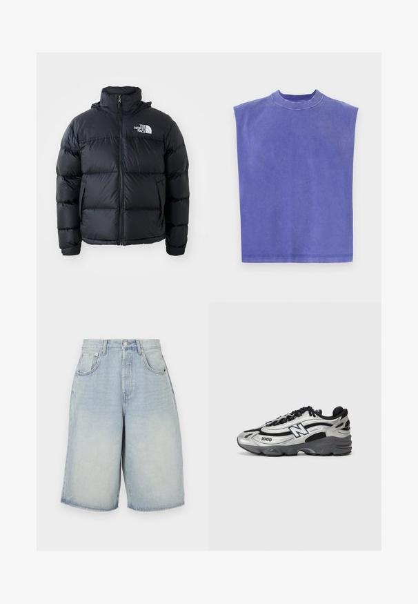 Juodas pūkinis švarkas su užtrauktuku, pagalvotomis dalimis, aukšta apykakle ir "The North Face" logotipu viršutiniame kairiajame kampe. Lygus paviršius, be matomų raštų.; Violet bežė rankovių palaidinė, pagaminta iš minkštos medvilnės. Charakterizuojama apvaliu kaklu ir laisvu siluetu, su šiek tiek nublukusi tekstūra ir tvarkinga apdaila.; Šviesiai mėlynos džinsinės šortai su laisvu siluetu, turintys aukštą liemenį, penkias kišenes ir tiesų kraštą. Šiek tiek išblukę, kad atrodytų dėvėti.; Sidabrinės ir juodos sportinės bateliai su tinkliniu viršumi, paminkštintu padu, raištelių užsegimu ir šoniniu logotipu.