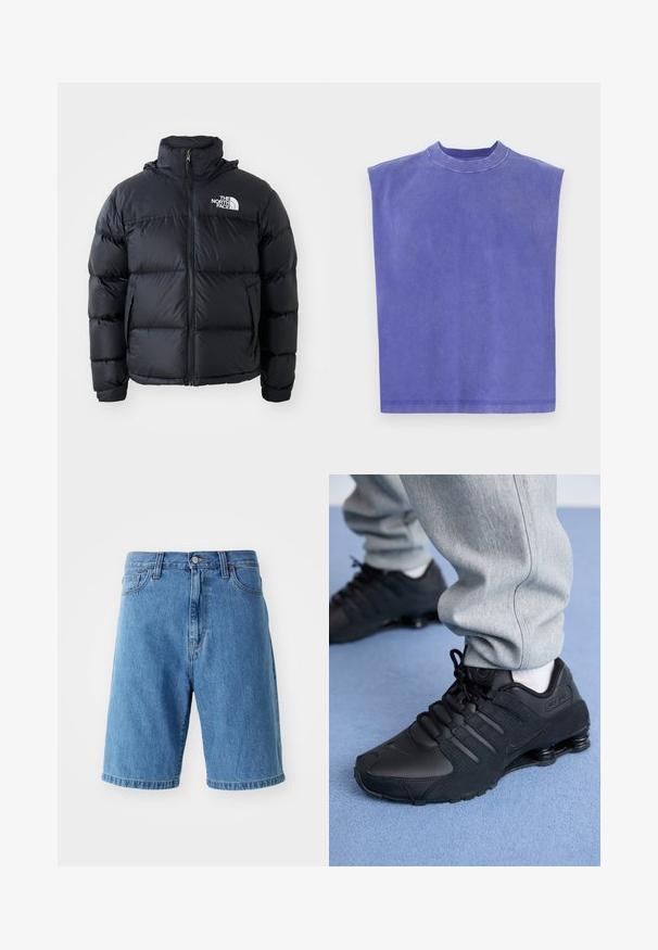 Casaco puffer preto com fecho de correr, secções acolchoadas, gola alta e o logótipo da The North Face no canto superior esquerdo. Textura suave, sem padrões visíveis.; Top roxo sem mangas feito de algodão suave. Apresenta um decote redondo e um corte solto, com uma textura ligeiramente desbotada e uma bainha limpa.; Calças de ganga azuis com um corte relaxado, cintura com passantes para cinto, fecho frontal com botão e barras dobradas. Sem padrões ou detalhes visíveis.; Pessoa vestindo tênis Nike Shox pretos e calças de moletom cinzas, de pé em um tapete azul claro.