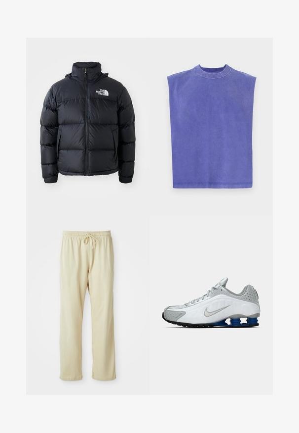 Melna pūkaina jaka ar rāvējslēdzēju, iešūtiem posmiem, augstu apkakli un The North Face logotipu kreisajā augšējā stūrī. Gluda tekstūra, bez redzamām rakstu zīmēm.; Violeta bezpiedurkņu blūze, izgatavota no mīksta kokvilnas. Ar apaļu kakla izgriezumu un brīvu piegriezumu, ar nedaudz izbalējušu tekstūru un sakārtotu apakšmalu.; Gaiši bežs sporta bikses ar auklu viduklī, sašaurinātiem galiem un mīkstu tekstūru. Uz apakšējā kājas posma atrodas uzraksts ar zīmola logo.; Balti un pelēki Nike skriešanas apavi ar sudraba swoosh, zila atsperīga zole un melna zole uz vienkārša fona.