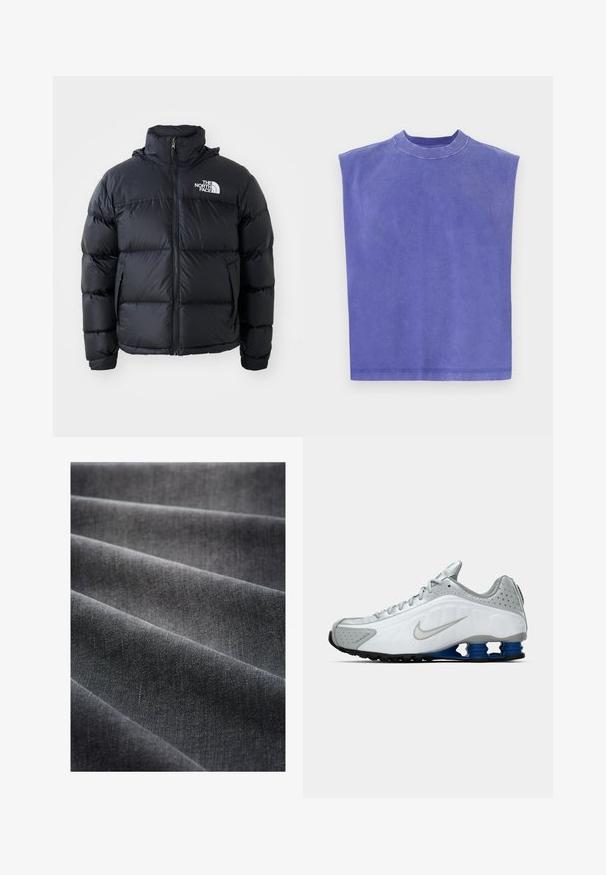 Čierna prešívaná bunda s uzáverom na zips, vypchanými časťami, vysokým golierom a logom The North Face na ľavom hornom rohu. Hladká textúra, bez viditeľných vzorov.; Fialový bezrúzkový top vyrobený z mäkkého bavlneného materiálu. Má okrúhly výstrih a voľný strih, s mierne vyblednutou textúrou a čistým lemovaním.; Čierna tkanina s hladkou textúrou, splývajúca vo vlnách. Povrch vykazuje jemný lesk a je tesne tkaný, čo zdôrazňuje klasický dizajn.; Biele a šedé bežecké tenisky Nike so strieborným swooshom, modrými pružinovými podrážkami a čiernym dezénom na jednofarebnom pozadí.