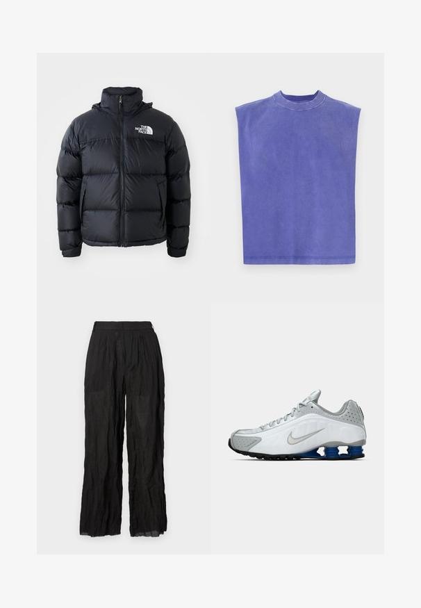 Black puffer jacket with zip closure, padded sections, high collar, and The North Face logo on the upper left. Smooth texture, no visible patterns.; Purple sleeveless top made of soft cotton. Features a round neck and a relaxed fit, with a slightly faded texture and clean hem.; Black linen wide-leg trousers with a textured finish. Features an elastic waistband and subtle pleating.; White and gray Nike running shoe with silver swoosh, blue spring-like sole units, and black tread on a plain background.