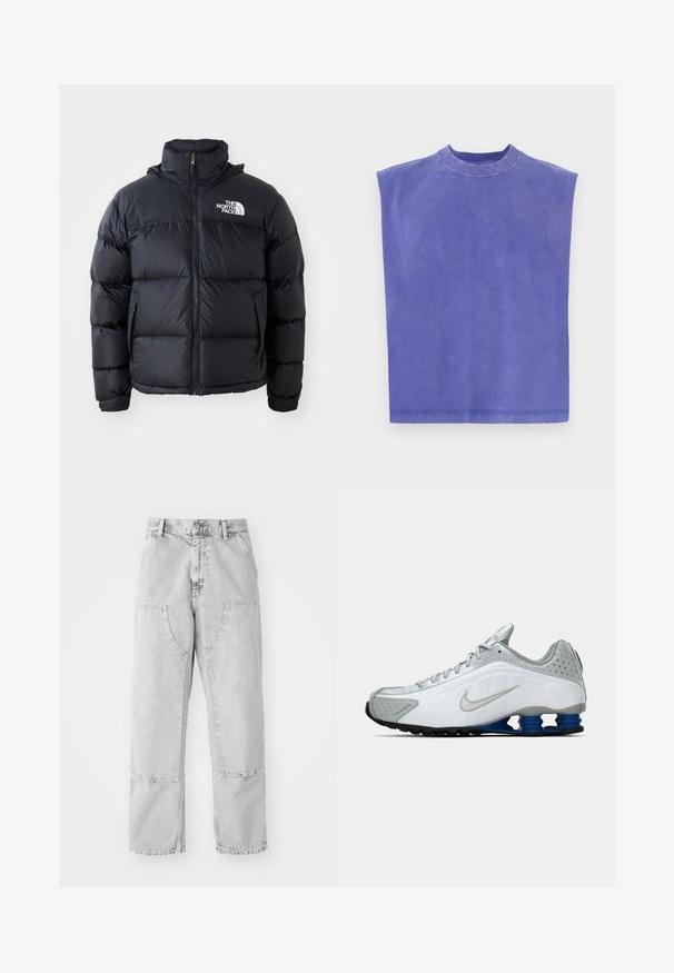 Černá péřová bunda s zipovým uzávěrem, polstrovanými sekcemi, vysokým límcem a logem The North Face na horní levé straně. Hladká textura, bez viditelných vzorů.; Fialový bezramenný top vyrobený z měkké bavlny. Má kulatý výstřih a volný střih, s mírně vybledlou texturou a čistým lemem.; Světle šedé denimové kalhoty s volným střihem, které mají velké postranní kapsy, viditelné švy a rovný střih nohavic. Pásové smyčky na pase.; Bílé a šedé běžecké boty Nike se stříbrným logem swoosh, modrými pružinovými podrážkami a černým vzorkem na jednobarevném pozadí.