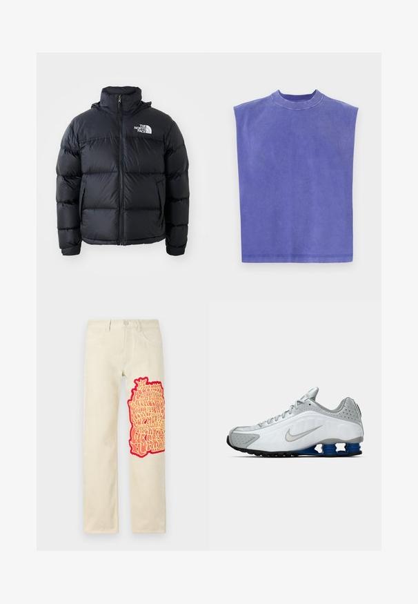 Must must vest, millettajaga, polsterdatud osadega, kõrge kraega ja The North Face logo vasakul ülaosas. Sile tekstuur, ilma nähtavate mustriteta.; Lilla ilma varrukatega topp, mis on valmistatud pehmest puuvillast. Omab ümmargust kaelust ja mugavat lõiget, millel on veidi kulunud tekstuur ning puhas äär.; Beige puuvillased püksid, mille vasakul jalal on suur, tekstuuriga punane ja kollane graafika koos stiliseeritud tekstiga. Sirge lõikega disain.; Valge ja hall Nike jooksutoss, millel on hõbedane swoosh, sinised kevadlõksud ja must profiil lihtsal taustal.