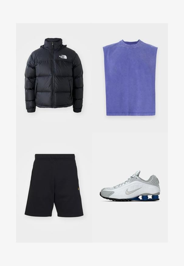 Giacca a vento nera con chiusura a zip, sezioni imbottite, collo alto e logo The North Face in alto a sinistra. Tessuto liscio, senza motivi visibili.; Top viola senza maniche realizzato in morbido cotone. Caratterizzato da un collo rotondo e una vestibilità morbida, con una consistenza leggermente sbiadita e orlo pulito.; Pantaloni neri corti realizzati in un tessuto morbido, con vita elastica, tasche laterali e un piccolo logo dorato accentato sul lato sinistro inferiore.; Scarpa da corsa Nike bianca e grigia con swoosh argento, unità suola blu a molla e battistrada nero su uno sfondo semplice.