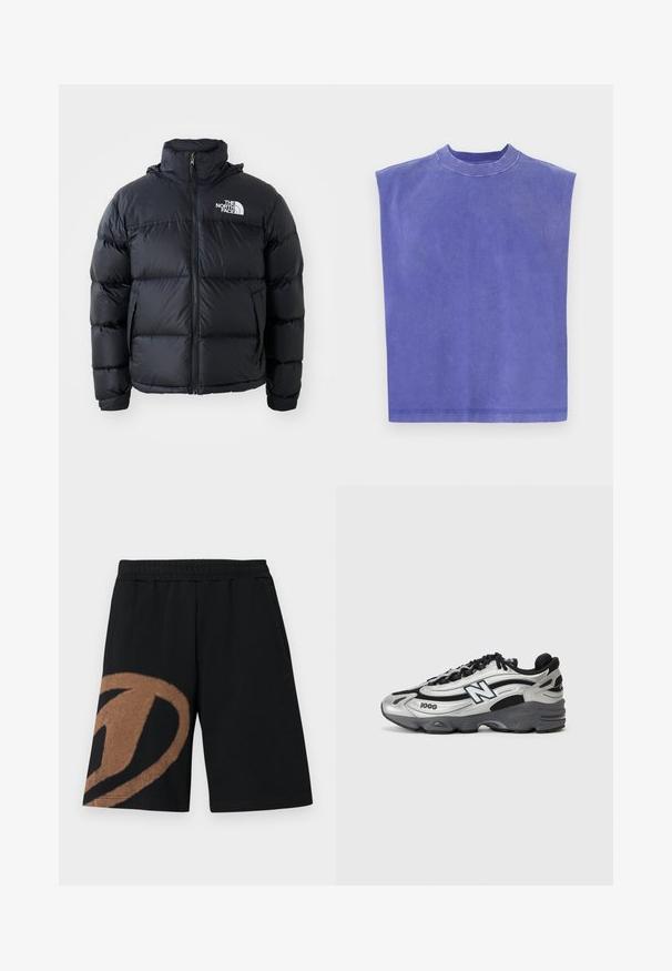 Czarna kurtka puchowa z zamkiem błyskawicznym, wypełnionymi sekcjami, wysokim kołnierzem i logo The North Face na górze po lewej stronie. Gładka faktura, bez widocznych wzorów.; Fioletowa kamizelka bez rękawów, wykonana z miękkiej bawełny. Posiada okrągły dekolt i luźny krój, z delikatnie wyblakłą teksturą i czystym wykończeniem. ; Czarne szorty z elastyczną talią, z dużym brązowym abstrakcyjnym wzorem na lewej nogawce oraz kieszeniami po bokach.; Srebrne i czarne buty sportowe z siateczkową cholewką, amortyzowaną podeszwą, wiązanym zapięciem i bocznym logo.