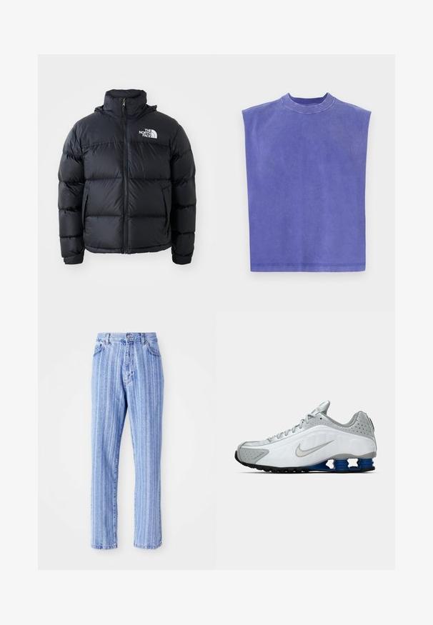 Juodas pūkinis švarkas su užtrauktuku, pagalvotomis dalimis, aukšta apykakle ir "The North Face" logotipu viršutiniame kairiajame kampe. Lygus paviršius, be matomų raštų.; Violet bežė rankovių palaidinė, pagaminta iš minkštos medvilnės. Charakterizuojama apvaliu kaklu ir laisvu siluetu, su šiek tiek nublukusi tekstūra ir tvarkinga apdaila.; Šviesiai mėlyni džinsai su vertikaliomis baltomis juostelėmis, tiesaus kirpimo, penkių kišenių stilius ir mygtuko užsegimas juosmens srityje.; Balti ir pilki Nike bėgimo batai su sidabriniu šaukiu, mėlynu spyruoklinio tipo pado vienetu ir juodomis padangomis ant vientiso fono.
