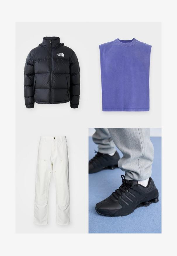 Giacca a vento nera con chiusura a zip, sezioni imbottite, collo alto e logo The North Face in alto a sinistra. Tessuto liscio, senza motivi visibili.; Top viola senza maniche realizzato in morbido cotone. Caratterizzato da un collo rotondo e una vestibilità morbida, con una consistenza leggermente sbiadita e orlo pulito.; Pantaloni cargo bianchi in cotone con vestibilità rilassata. Tra le caratteristiche ci sono tasche frontali, dettagli in metallo dorato e sezioni rinforzate sulle ginocchia.; Persona che indossa sneakers Nike Shox nere e pantaloni sportivi grigi, in piedi su un tappeto azzurro chiaro.