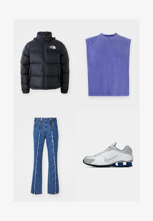 Μαύρο μπουφάν puffer με φερμουάρ, επενδεδυμένα τμήματα, ψηλό γιακά και το λογότυπο της The North Face στην επάνω αριστερή πλευρά. Λείο υλικό, χωρίς ορατά σχέδια.; Μωβ χωρίς μανίκια μπλούζα από μαλακό βαμβάκι. Διαθέτει στρογγυλή λαιμόκοψη και χαλαρή εφαρμογή, με ελαφρώς ξεθωριασμένη υφή και καθαρό στρίφωμα.; GmbH FAISAL  - Straight leg jeans - denim blue; Λευκό και γκρίζο αθλητικό παπούτσι Nike με ασημένιο swoosh, μπλε ελατηριωτά πέλματα και μαύρη σόλα σε ουδέτερο φόντο.