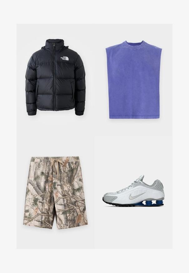 Chaqueta de plumas negra con cierre de cremallera, secciones acolchadas, cuello alto y logo de The North Face en la parte superior izquierda. Textura suave, sin patrones visibles.; Top morado sin mangas, hecho de suave algodón. Presenta un cuello redondo y un corte relajado, con una textura ligeramente deslavada y un dobladillo limpio.; pantalones cortos de camuflaje hechos de tejido ligero; cuentan con una cinturilla elástica con cordón; los colores incluyen beige, marrón y verde.; Zapatilla de running Nike en blanco y gris con el swoosh plateado, unidades de suela azul en forma de resorte y banda de rodadura negra sobre un fondo liso.