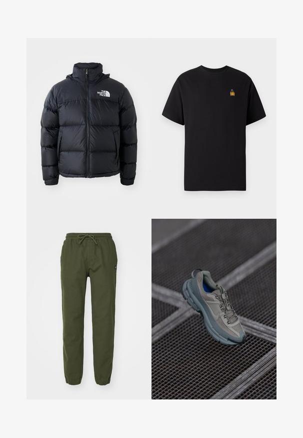 Svart pufferjakke med glidelås, polstrede seksjoner, høy krage og The North Face-logo på øvre venstre side. Glatt tekstur, uten synlige mønstre.; Svart bomull T-skjorte med korte ermer, rund hals og en liten gul brodert design på venstre brystområde.; Champion Rochester SKATE & STREET ELASTIC CUFF PANTS - Bukse - fon; Beige og grå idrettssko med strukturert nettingoverdel, rund tå og gummisåle, med lisser og polstret krage.
