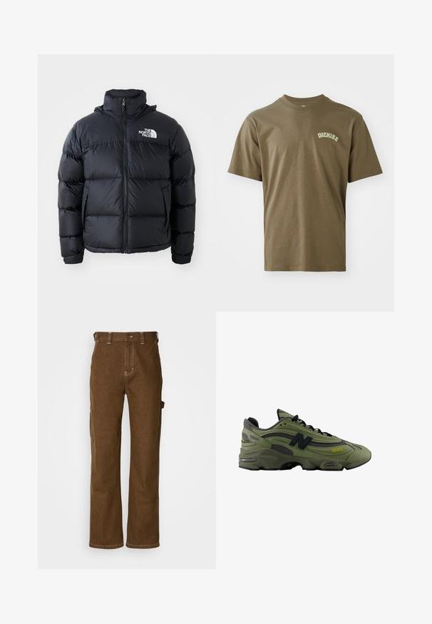 Musta puhvijakku vetoketjulla, pehmustetut osat, korkea kaulus ja The North Face -logo vasemmassa yläkulmassa. Tasainen pinta, ei näkyviä kuvioita.; Oliivinvihreä puuvillainen t-paita lyhyillä hihoilla, pyöreällä kaula-aukolla ja vasemmassa rinnassa pieni valkoinen "Dickies"-logo. Silkkinen pinta.; Dickies STEVENSVILLE - Puusepän farkut - mushroom; Vihreät juoksukengät, joissa on sulavalinjainen muotoilu, harmaita yksityiskohtia, musta logo, teksturoitu verkkokangas ja pehmustettu pohja tuen antamiseksi.