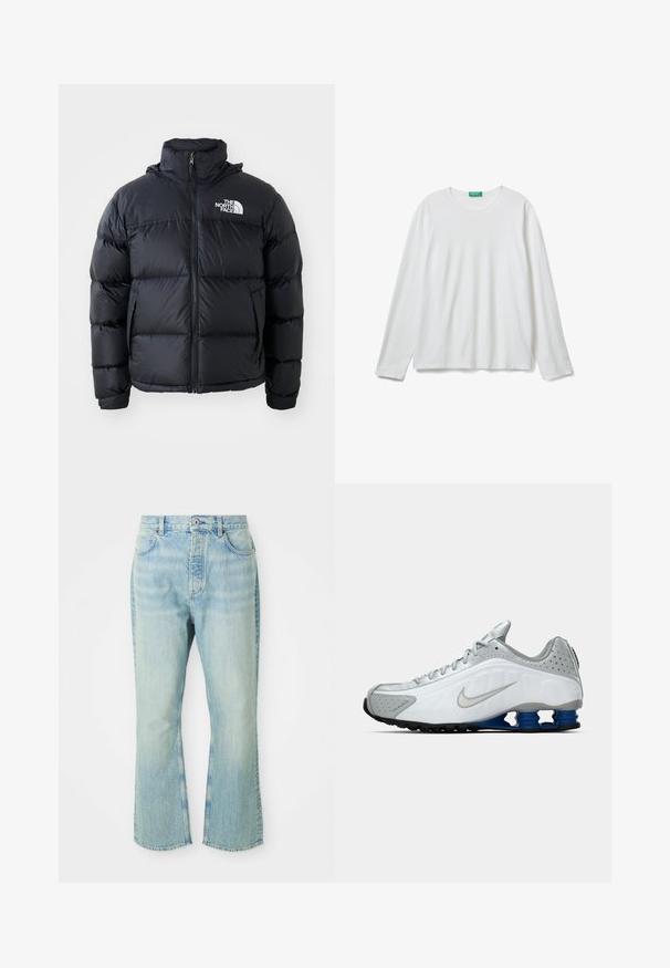 Giacca a vento nera con chiusura a zip, sezioni imbottite, collo alto e logo The North Face in alto a sinistra. Tessuto liscio, senza motivi visibili.; Maglietta a maniche lunghe bianca con scollo rotondo e etichetta verde sul collo, adagiata su uno sfondo bianco.; Jeans flared in denim azzurro chiaro con vita alta, dotati di cinque tasche, passanti per cintura e una texture di lavaggio sbiadito.; Scarpa da corsa Nike bianca e grigia con swoosh argento, unità suola blu a molla e battistrada nero su uno sfondo semplice.