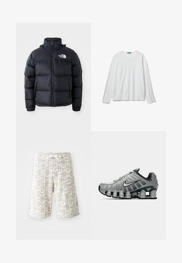Czarna kurtka puchowa z zamkiem błyskawicznym, wypełnionymi sekcjami, wysokim kołnierzem i logo The North Face na górze po lewej stronie. Gładka faktura, bez widocznych wzorów.; Biała, długa koszulka z okrągłym dekoltem z długim rękawem, z zieloną metką przy dekolcie, ułożona płasko na białym tle.; Lekkie szorty wykonane z tkaniny wodoszczelnej, z szaro-białym wzorem geometrycznym, elastycznym pasem ze sznurkiem i luźnym krojem.; Szare i czarne buty biegowe Nike z widocznym, sprężystym tłumieniem pod podeszwą oraz białym logo swoosh po boku.