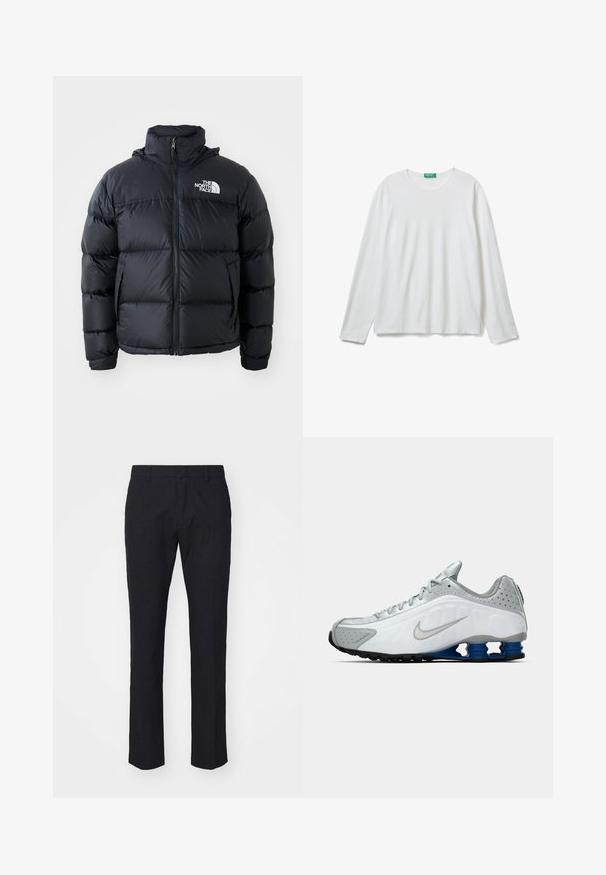 Giacca a vento nera con chiusura a zip, sezioni imbottite, collo alto e logo The North Face in alto a sinistra. Tessuto liscio, senza motivi visibili.; Maglietta a maniche lunghe bianca con scollo rotondo e etichetta verde sul collo, adagiata su uno sfondo bianco.; Pantaloni navy in taglio sartoriale, realizzati in tessuto liscio. Presentano una parte frontale piatta, passanti per cintura e gambe dritte con orlo pulito.; Scarpa da corsa Nike bianca e grigia con swoosh argento, unità suola blu a molla e battistrada nero su uno sfondo semplice.