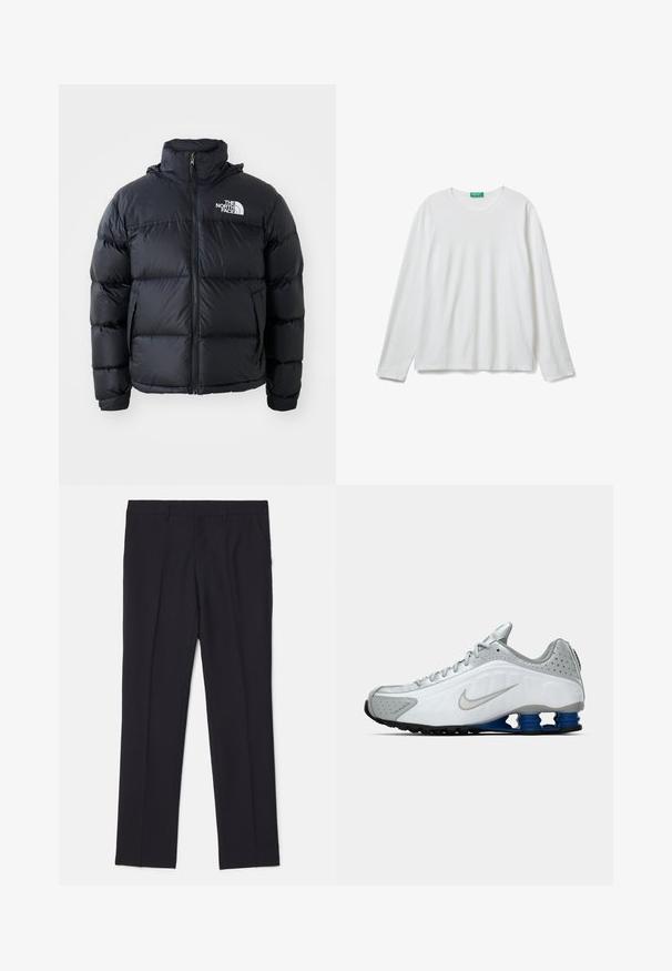 Zwarte pufferjack met ritssluiting, gewatteerde secties, hoge kraag en het North Face-logo op de bovenste linkerzijde. Gladde textuur, geen zichtbare patronen.; Effen witte lange mouwen crewneck shirt met een groene label bij de hals, plat gelegd op een witte achtergrond.; Zwarte op maat gemaakte broeken van gladde stof, met twee zijzakken, een rechte pijpdesign en zonder zichtbare patronen of accenten.; Witte en grijze Nike hardloopschoen met zilveren swoosh, blauwe veerachtige zoolunits en zwarte loopvlakken op een effen achtergrond.