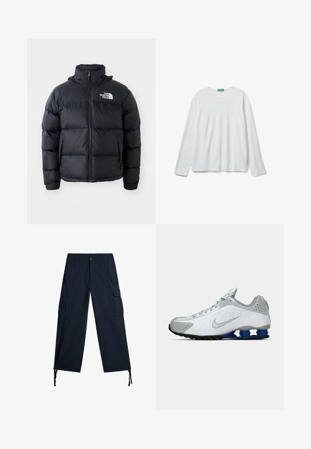 Czarna kurtka puchowa z zamkiem błyskawicznym, wypełnionymi sekcjami, wysokim kołnierzem i logo The North Face na górze po lewej stronie. Gładka faktura, bez widocznych wzorów.; Biała, długa koszulka z okrągłym dekoltem z długim rękawem, z zieloną metką przy dekolcie, ułożona płasko na białym tle.; Granatowe spodnie cargo z wieloma bocznymi kieszeniami, luźnym krojem, związaniami przy nogawkach i gładką fakturą materiału.; Białe i szare buty do biegania Nike z srebrnym logo, niebieskimi, sprężynowymi podeszwami oraz czarnym bieżnikiem na jednolitym tle.