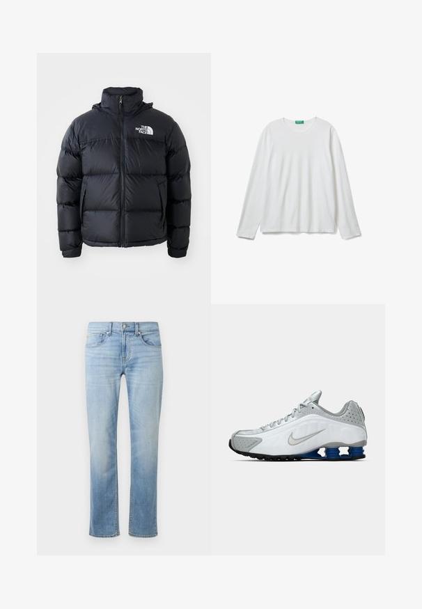 Black puffer jacket with zip closure, padded sections, high collar, and The North Face logo on the upper left. Smooth texture, no visible patterns.; Plain white long-sleeve crewneck shirt with a green tag at the neckline, laid flat on a white background.; Light blue denim jeans with a straight leg design, five pockets, visible stitching, and a faded finish near the thighs and knees.; White and gray Nike running shoe with silver swoosh, blue spring-like sole units, and black tread on a plain background.