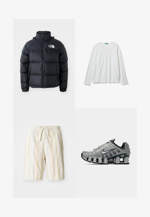 Black puffer jacket with zip closure, padded sections, high collar, and The North Face logo on the upper left. Smooth texture, no visible patterns.; Plain white long-sleeve crewneck shirt with a green tag at the neckline, laid flat on a white background.; White lightweight shorts with vertical stripes in orange, yellow, and green. Features an elastic waistband with a drawstring closure.; Grey and black Nike running shoe with visible spring-like cushioning under the sole and a white swoosh logo on the side.