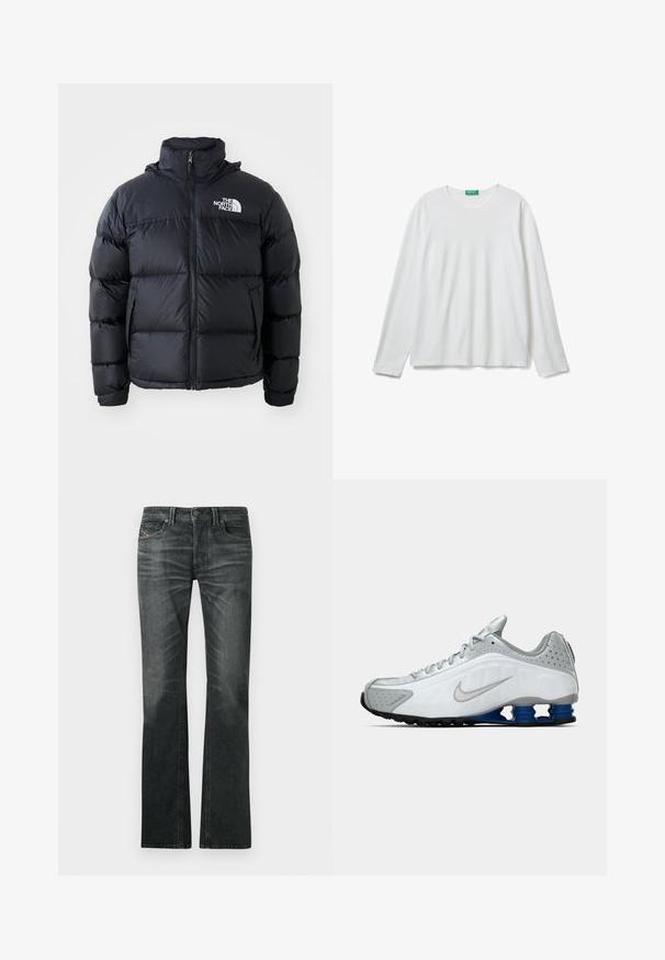 Giacca a vento nera con chiusura a zip, sezioni imbottite, collo alto e logo The North Face in alto a sinistra. Tessuto liscio, senza motivi visibili.; Maglietta a maniche lunghe bianca con scollo rotondo e etichetta verde sul collo, adagiata su uno sfondo bianco.; Jeans in denim grigio scuro con una silhouette svasata, dotati di chiusura a bottone, cinque tasche e una leggera scoloritura sul davanti.; Scarpa da corsa Nike bianca e grigia con swoosh argento, unità suola blu a molla e battistrada nero su uno sfondo semplice.