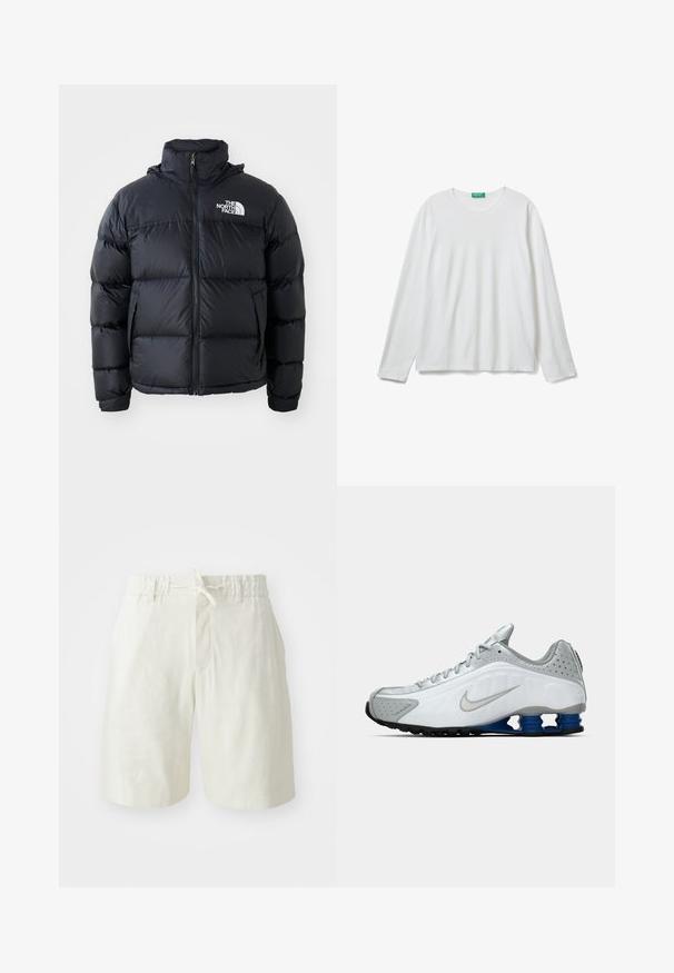 Doudoune noire avec fermeture éclair, sections rembourrées, col montant et logo The North Face en haut à gauche. Texture lisse, sans motifs visibles.; T-shirt blanc à manches longues, col ras du cou, avec une étiquette verte au niveau du col, posé à plat sur un fond blanc.; Shorts beige clair en tissu doux et texturé. Dotés d'une taille élastique avec cordon de serrage et d'une poche avant unique.; Baskets de course Nike blanches et grises avec un swoosh argenté, des semelles en forme de ressort bleues et une semelle noire sur fond uni.