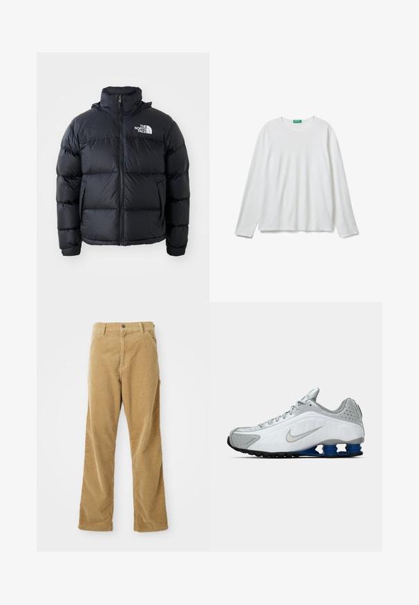 Zwarte pufferjack met ritssluiting, gewatteerde secties, hoge kraag en het North Face-logo op de bovenste linkerzijde. Gladde textuur, geen zichtbare patronen.; Effen witte lange mouwen crewneck shirt met een groene label bij de hals, plat gelegd op een witte achtergrond.; Tan corduroy broeken met voorkruiden, riemlussen, knoopsluiting en rechte pijpen, plat gelegd op een witte achtergrond.; Witte en grijze Nike hardloopschoen met zilveren swoosh, blauwe veerachtige zoolunits en zwarte loopvlakken op een effen achtergrond.