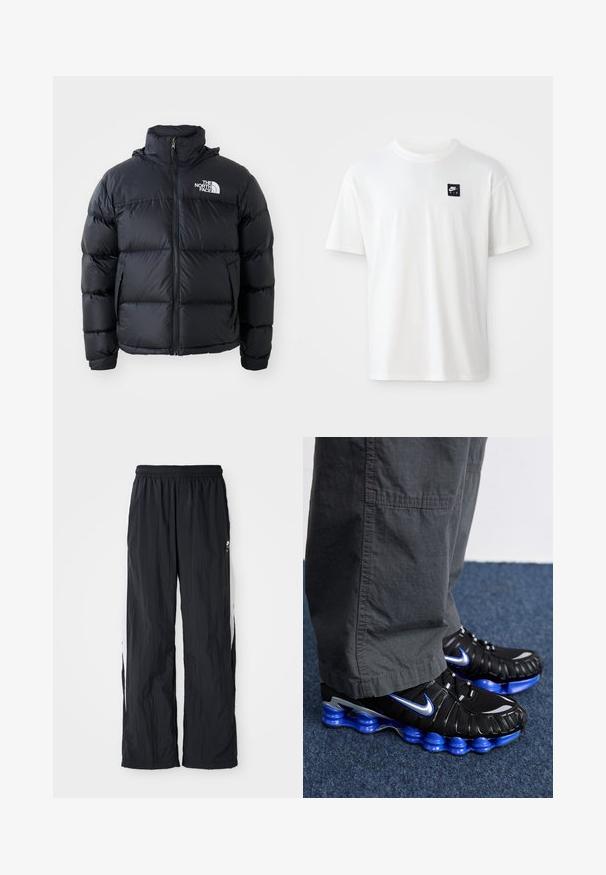Black puffer jacket with zip closure, padded sections, high collar, and The North Face logo on the upper left. Smooth texture, no visible patterns.; White cotton t-shirt with short sleeves and a crew neck; features a small black rectangular Nike Air logo on the left chest.; Black nylon track pants with an elastic waistband, featuring white side panels and a subtle logo detail on the front.; Black athletic shoes with blue and silver accents, featuring a textured upper, bold sole design, and lacing system. Positioned on a blue carpet.