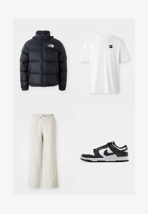 Doudoune noire avec fermeture éclair, sections rembourrées, col montant et logo The North Face en haut à gauche. Texture lisse, sans motifs visibles.; T-shirt en coton blanc à manches courtes et col rond ; présente un petit logo rectangulaire noir Nike Air sur la poitrine gauche.; Pantalons en lin de couleur beige clair, avec une coupe ample, une taille élastique avec cordon de serrage, et des poches latérales pour plus de commodité.; Baskets Nike Dunk en noir et blanc avec une tige en cuir, un bout perforé, des lacets noirs et une semelle en caoutchouc noir avec un motif de semelle.