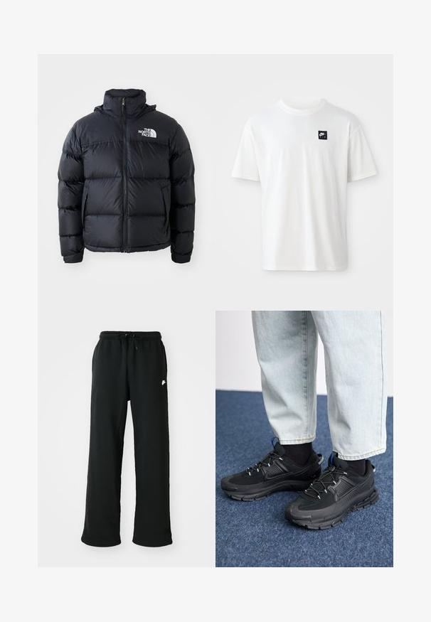 Must must vest, millettajaga, polsterdatud osadega, kõrge kraega ja The North Face logo vasakul ülaosas. Sile tekstuur, ilma nähtavate mustriteta.; Valge puuvillane T-särk lühikeste varrukatega ja ümar kaelus; vasakul rinnaosal on väike must ristkülikukujuline Nike Air logo.; Mustad mustad, pehmest kangast, millel on elastne vöökoht koos reguleeritava nööriga ja väike logo aktsent külje peal.; Mustad mustad jooksukingad, millel on tekstureeritud kangas ja kummist tallad, elastsed nöörid ning sinine aksent kandadel. Kandmine heledate teksadega.