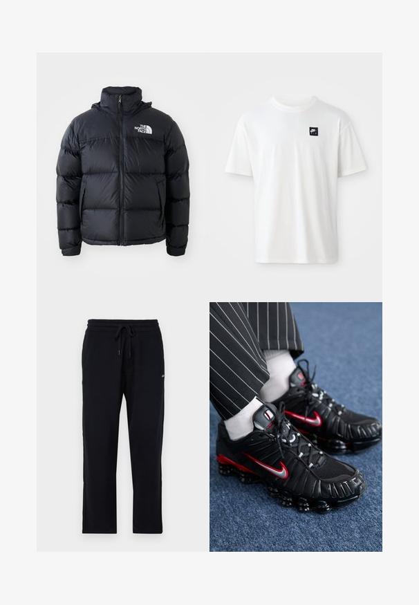 Melna pūkaina jaka ar rāvējslēdzēju, iešūtiem posmiem, augstu apkakli un The North Face logotipu kreisajā augšējā stūrī. Gluda tekstūra, bez redzamām rakstu zīmēm.; Balta kokvilnas T-kreklu ar īsām piedurknēm un apaļu kaklu; tam ir mazs melns taisnstūra Nike Air logos kreisajā krūtī.; Hollister Co. LOGO JOGGER - Treniņtērpa apakšdaļas - black beauty; Melnas sporta kurpes ar sarkaniem un sudraba akcentiem, ar acu sietu un teksturētu sintētisko materiālu, ar auklu dizainu un redzamu amortizācijas zoli.