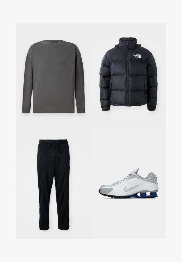 Schwarze Pufferjacke mit Reißverschluss, gepolsterten Abschnitten, hohem Kragen und dem The North Face-Logo in der oberen linken Ecke. Glatte Textur, keine sichtbaren Muster.; Graues Langarm-T-Shirt aus Baumwollmischung, mit Rundhalsausschnitt, verfügt über ein dezentes Logo und abstrakte Designs auf den Ärmeln; weiche Textur.; Schwarze lässige Hosen mit Kordelzug und seitlichen Eingrifftaschen sowie geradem Bein auf einem einfarbigen Hintergrund.; Weißer und grauer Nike-Laufschuh mit silberner Swoosh, blauen federartigen Sohlen und schwarzem Profil auf einem schlichten Hintergrund.